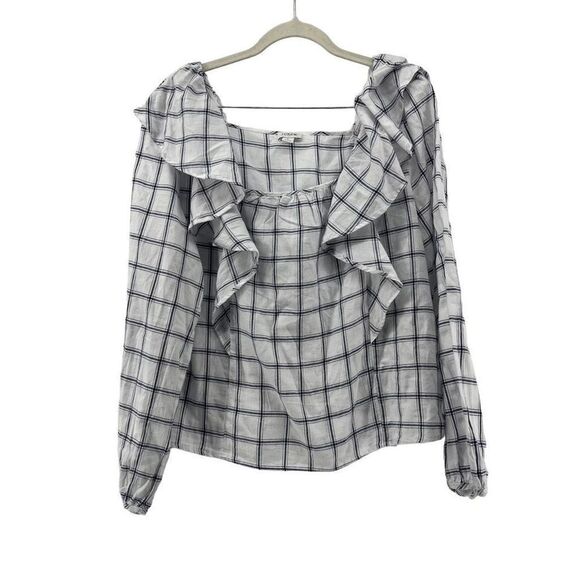 J. Crew Tops - J Crew Womens Blue Plaid Ruffle Square Neck Long Sleeve Top Blouse Size Large